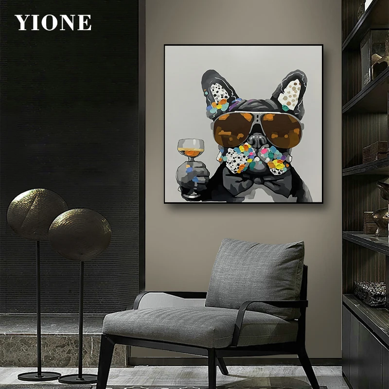 

Graffiti French Bulldog Canvas Oil Painting Funny Animal Dog Sunglasses Wine Glass Wall Picture Prints Art Poster for Living