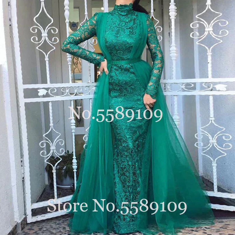 

Green Evening Dresses Tulle High Neck Women Pleat Removable Train lSaudi Arabic Muslim Special Occasion Party Gown