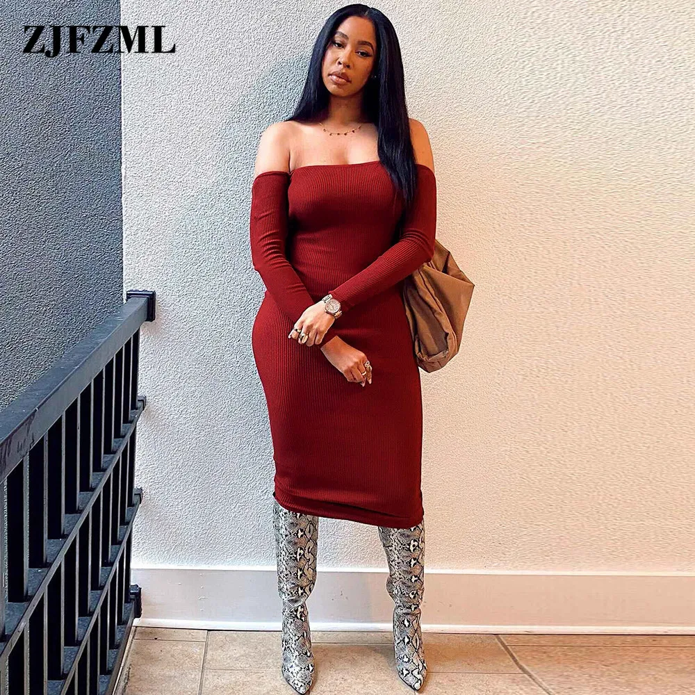 

Off The Shoulder Backless Knee Length Dress Women Slash Neck Full Sleeve Skinny Dresses Elegance Body-shaping Party Club Robe