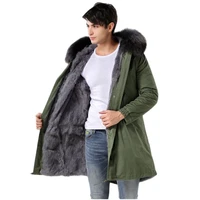 cozy long style army green outer shell parka grey rabbit fur coat with black and grey big collar overcoat for men