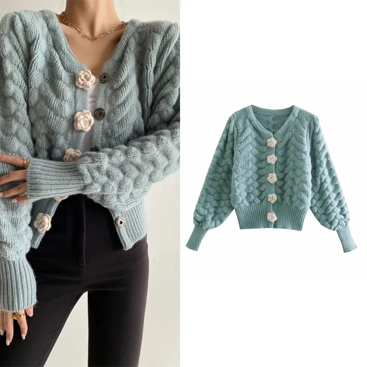 

Женский вязаный кардиган Za, Свободный кардиган на пуговицах с цветочным принтом и рукавами-фонариками для ранней осени, 2021