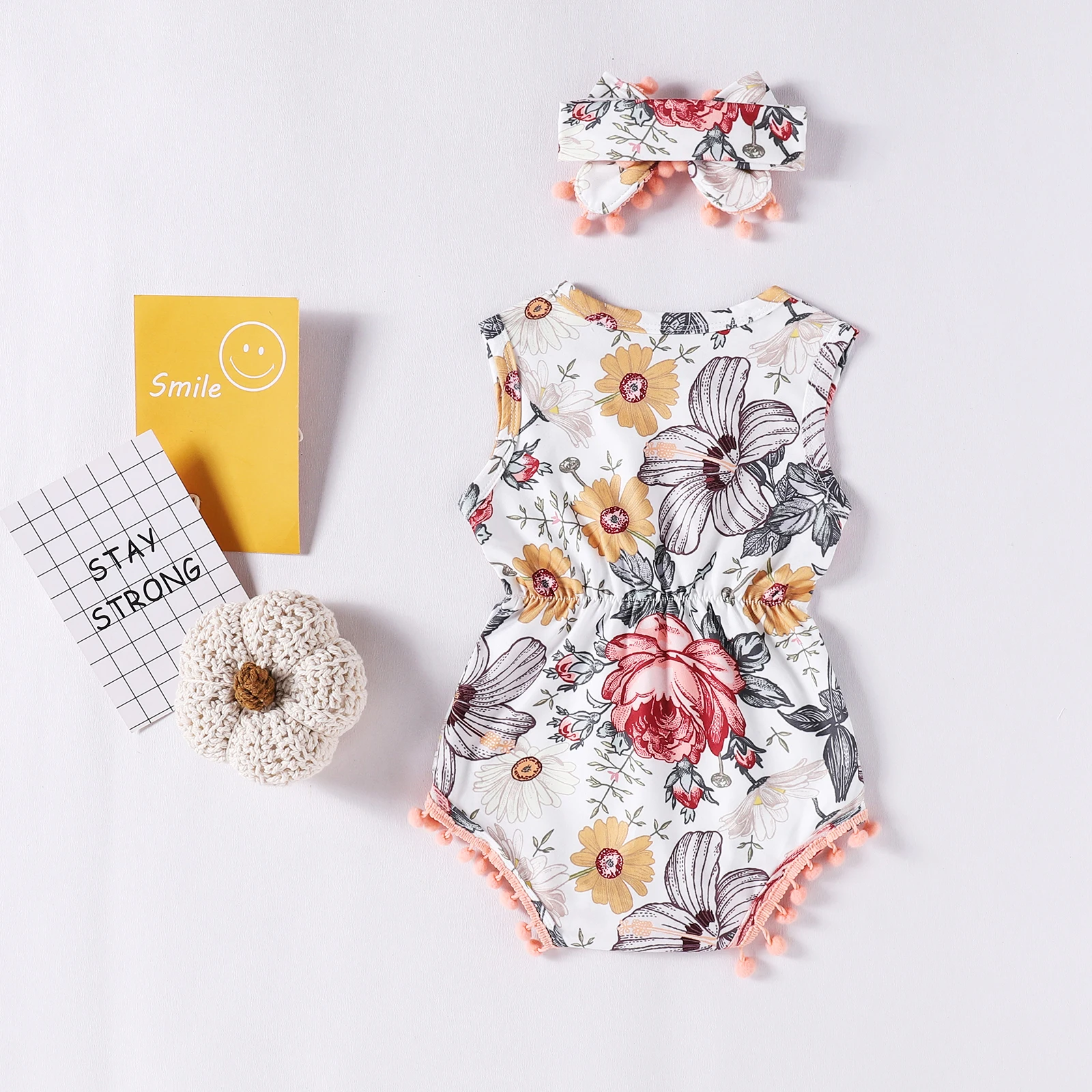 

2021 New Summer 0-24M Baby Girl 2Pcs Set Leaf/Flamingo/Floral Print Ball Tassel Sleeveless Bodysuit+Headband Infant Clothes