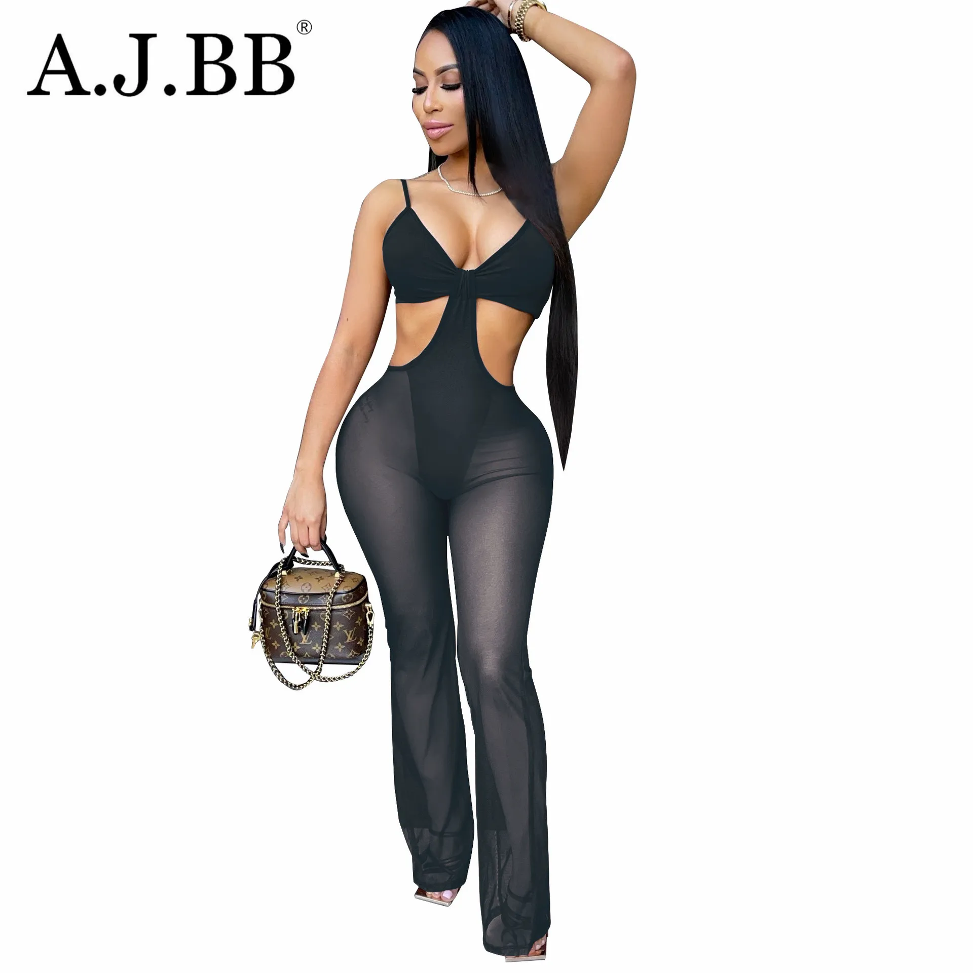 

2021 summer new sexy solid color night club Jumpsuit fashion slim V-neck sleeveless women's bra pants