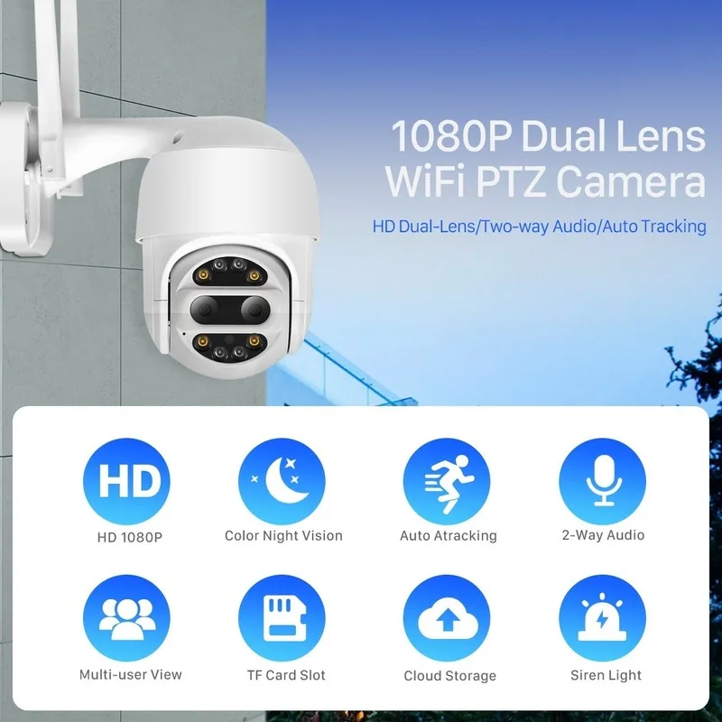 2020 dual lens 1080p wifi ptz outdoor cctv camera monitor 4x zoom wireless dome auto tracking alarm sound light security camera free global shipping