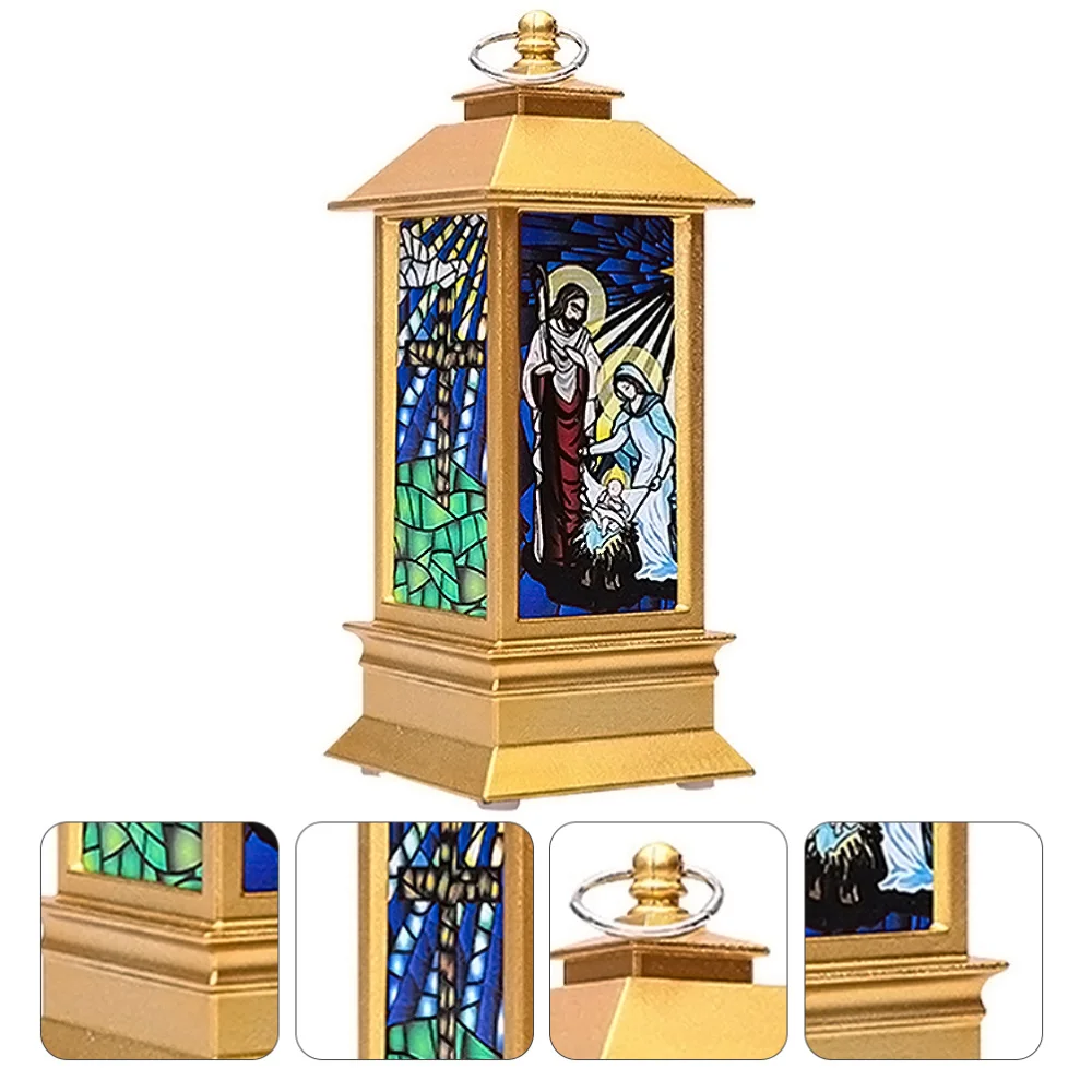 

Christmas LED Storm Lantern Church Jesus Pattern Simulated Small Oil Lamp