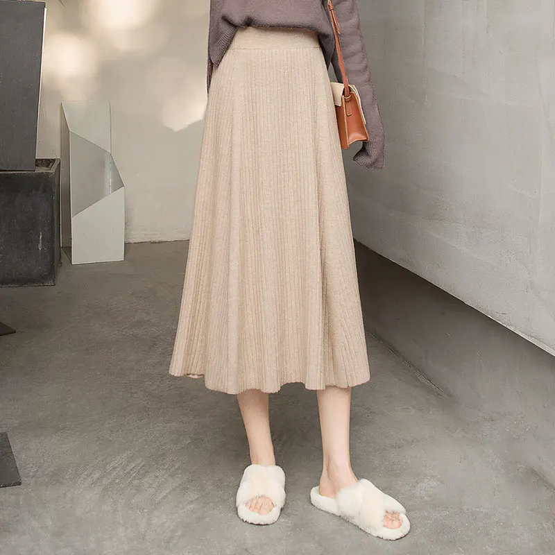 

Женская трикотажная юбка с высокой талией, плотная Трикотажная хлопковая трапециевидная длинная юбка с рюшами и складками, Осень-зима 2021