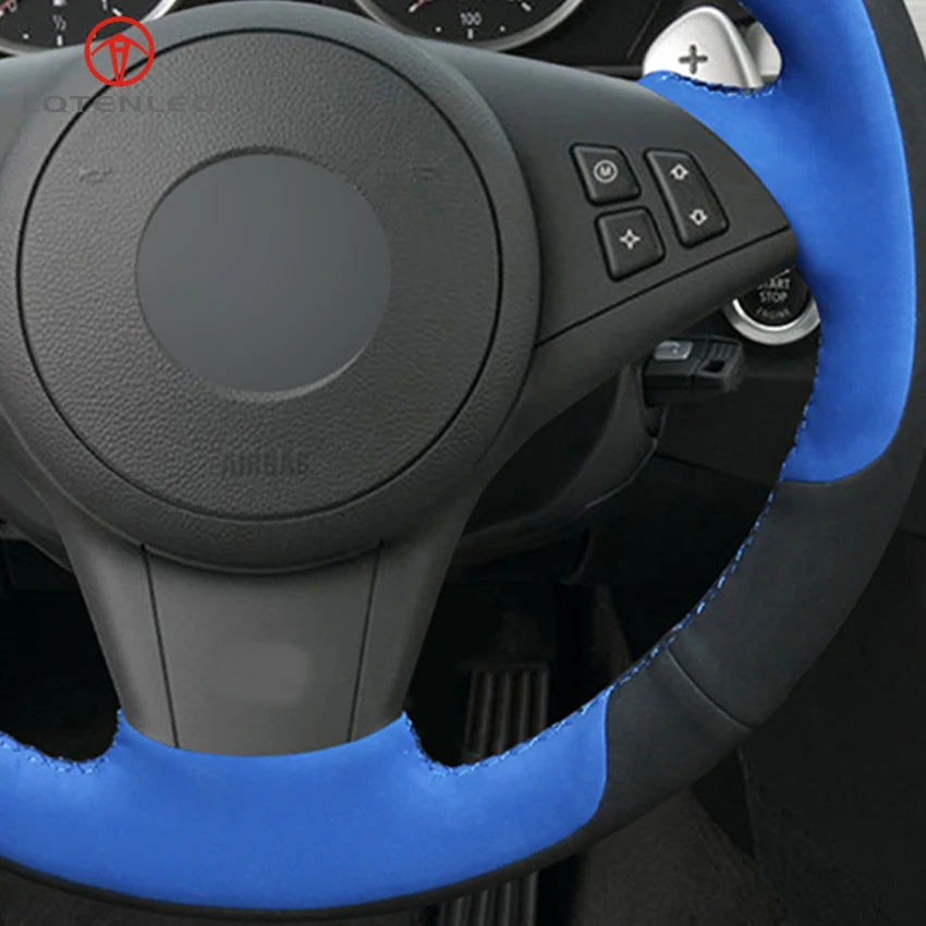 

LQTENLEO Black Blue Suede Car Steering Wheel Cover for BMW E60 E61 Touring 530d 545i 550i E63 Coupe E64 630 645Ci 650i 2003-2010