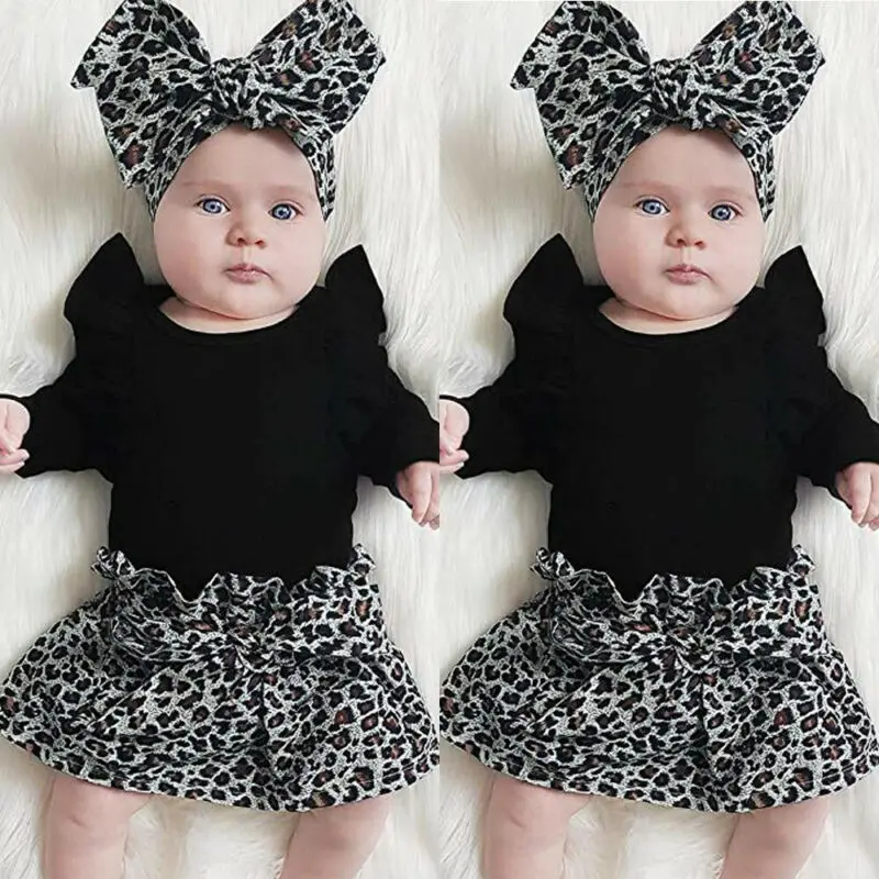 

Newborn Baby Girl Autumn Long Sleeve Ruffle Romper Bodysuit Leopard Knotbow Skirt Outfits Set With Headband