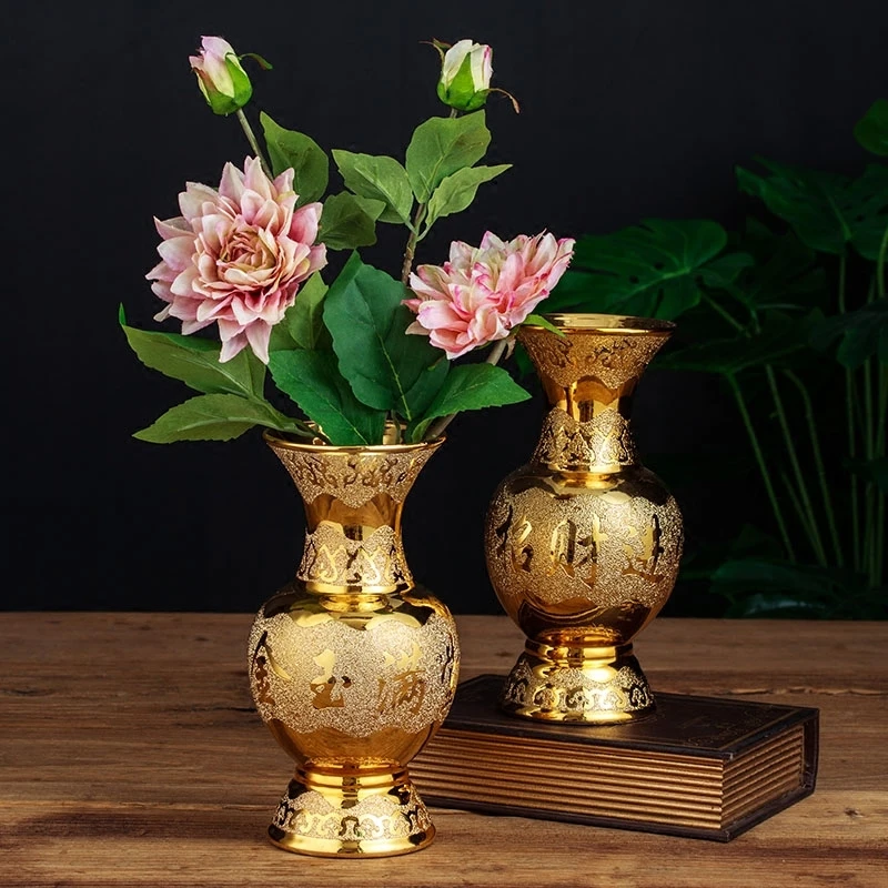 

Тисненая Золотая ваза для цветов, украшение для дома, большие статуи, настольные европейские свадебные настольные аксессуары, растения, Тер...