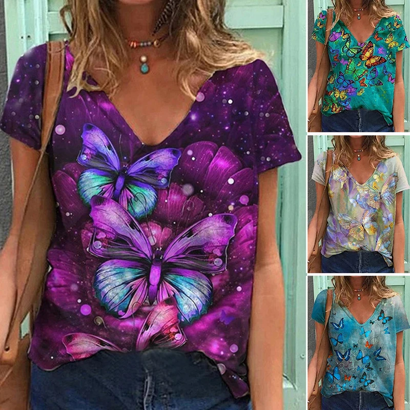 

Butterfly Print Short-sleeved Loose T-shirt Plus Size Womens V Neck Short Sleeve Blouse Casual Baggy T-Shirt Tunic Tops Tees