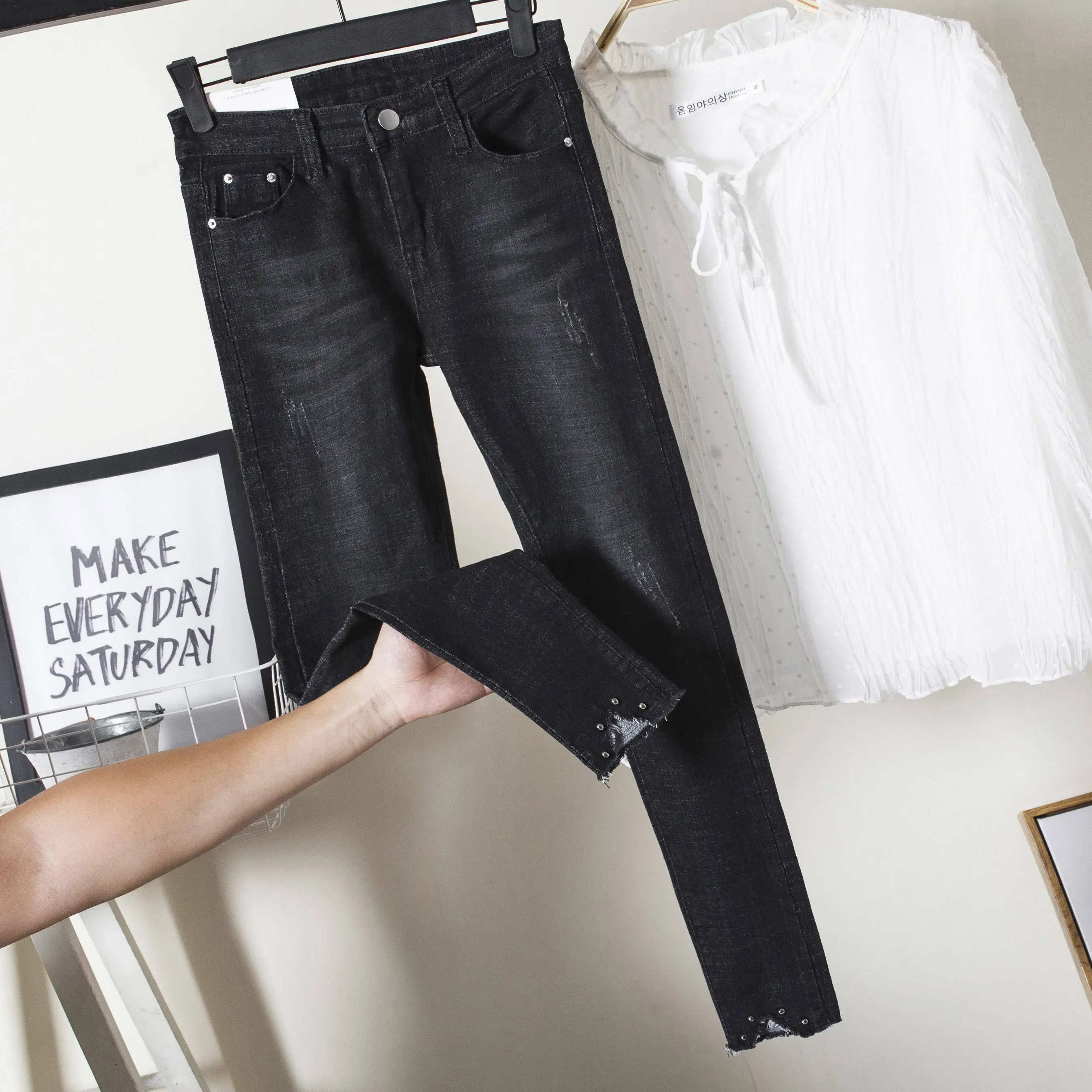 Весенние узкие женские джинсы джинсовые брюки черные тянущиеся Узкие синие