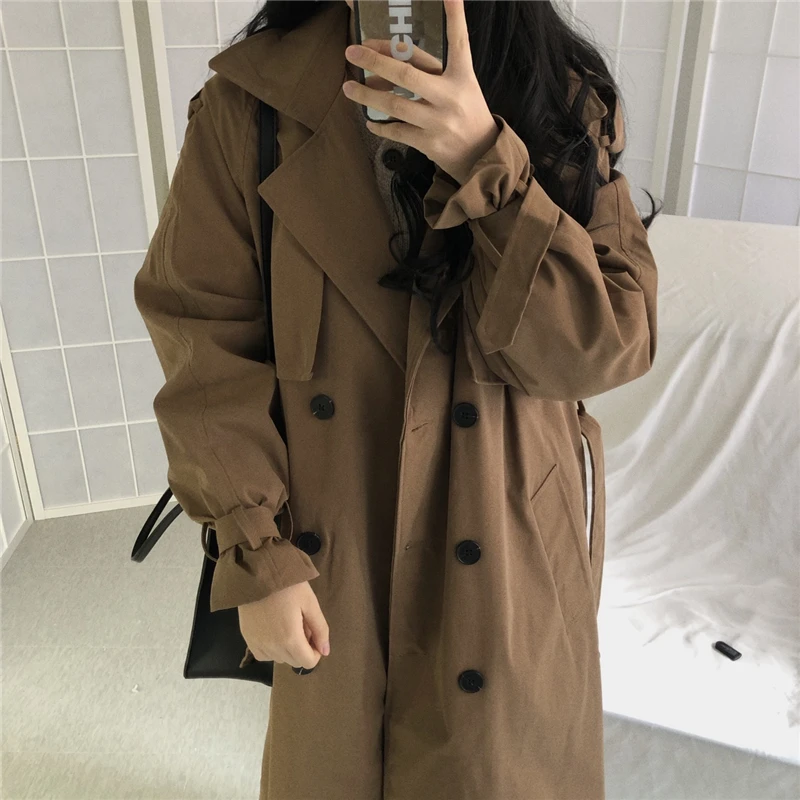 Женский Винтажный Длинный Тренч однотонная черная или коричневая верхняя одежда