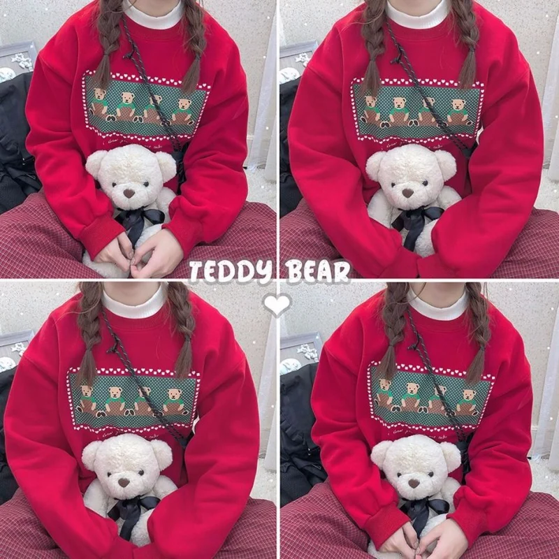 

Three Color Hoodies Female Japanese Vintage Sweet Cute Bear Doll Pattern Pullover Girl Autumn Winter Loose Sweatshirt Women Tops