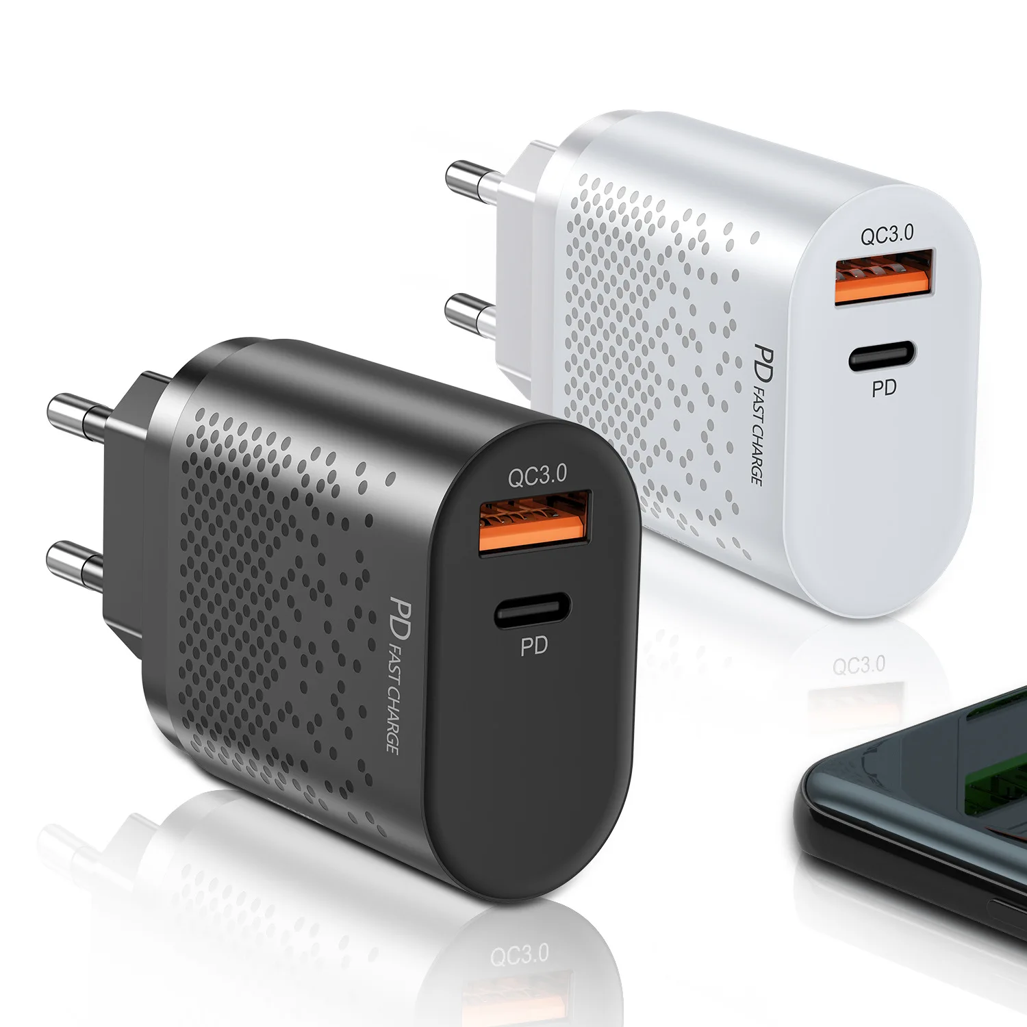 Qc3.0 Fast Charge PD Charger 18W for Apple Android USB-A + Type-c Dual Port US or EU Standard Charging Plug