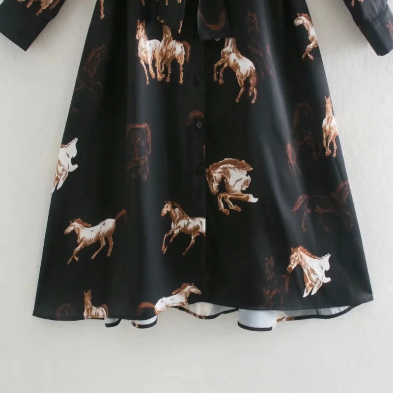 

Autumn Women Horse Print Sashes Turndown Collar Shirt Dress Female Long Sleeve Clothes Casual Lady Slim Vestido