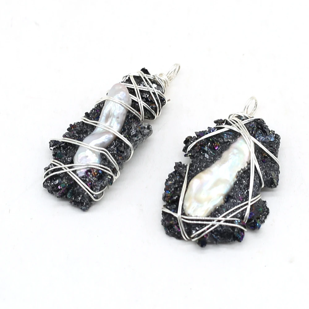 

New Natural Semi-precious Stone Irregular Black Crystal Buds Silver Thread Inlaid Pearl Pendant Making DIY Necklace Jewelry Gift