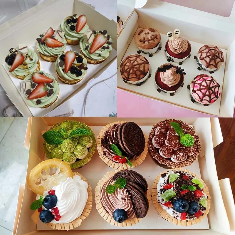 

Cupcake Packing Boxes Transparent Window White Paper Box with Cup Tray for Cupcake Dessert Chocolate Wrapper Business Box 5-Pack