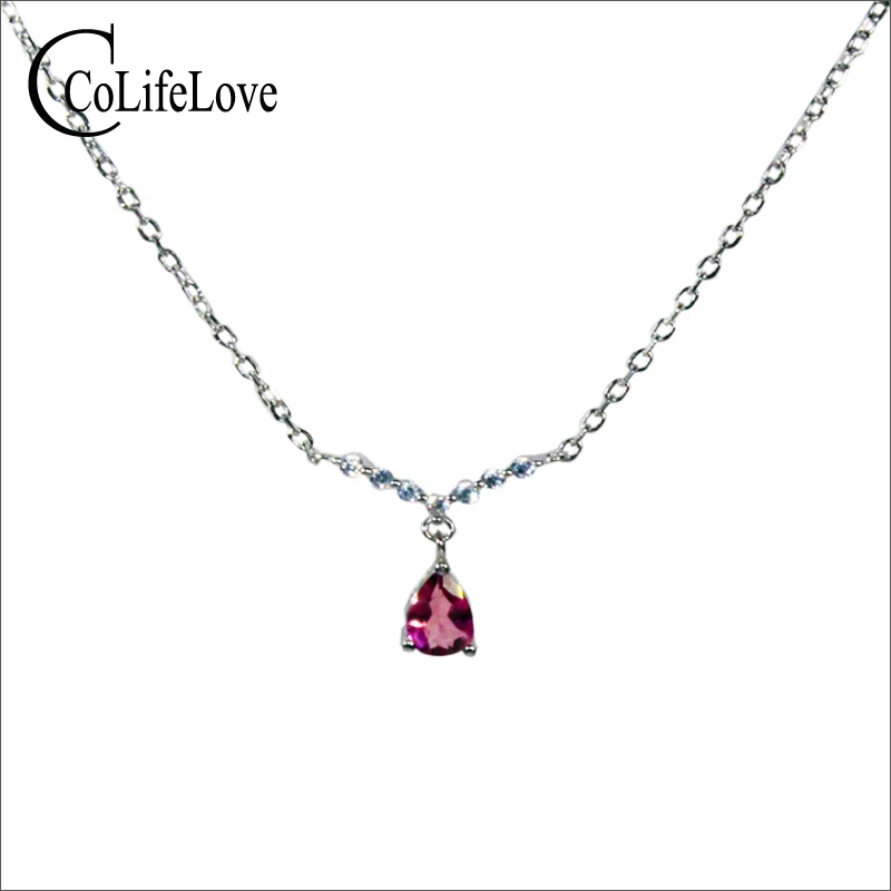 

CoLife Jewelry 925 Silver Necklace for Young Girl 4*6mm Natural Pink Tourmaline Necklace Fashion Silver Gemstone Necklace