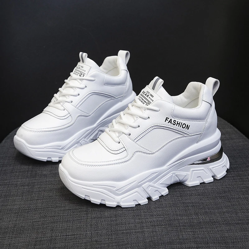 

White PU Leather Chunky Sneakers Women Autumn Winter Platform Vulcanize Shoes Woman Thick Bottom Hidden Heels Sport Shoes