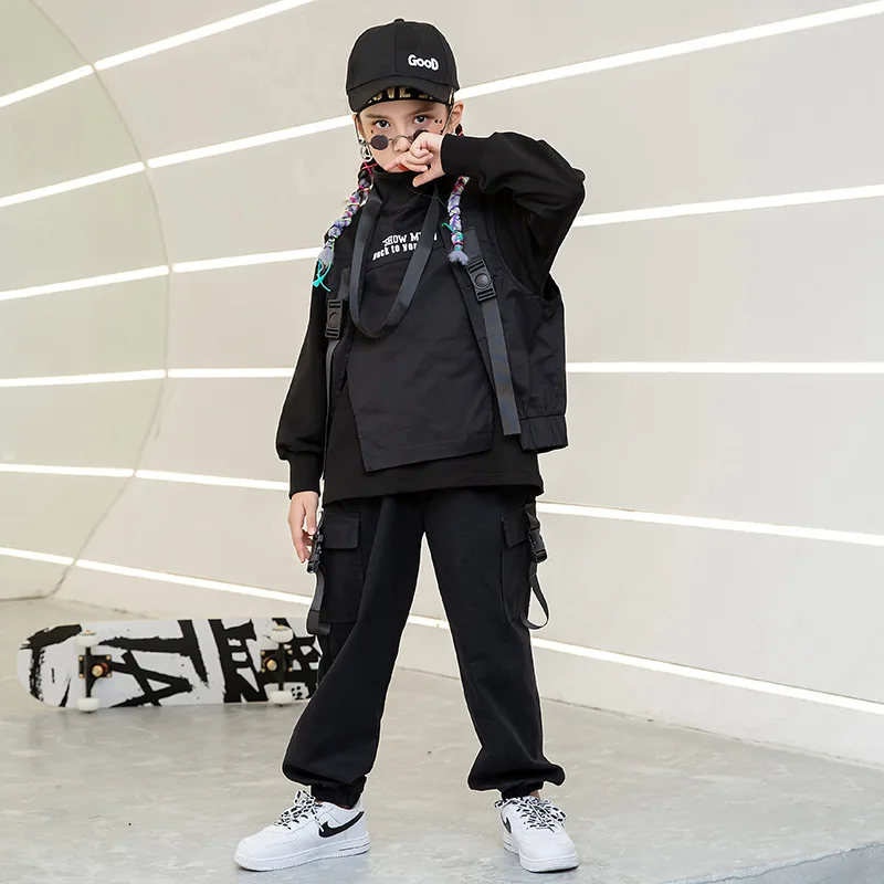 Kid Hip Hop Clothing Sweatshirt Top Streetwear Tactical Cargo Pants Sleeveless Jacket Vest for Girls Boys Dance Costume Clothes