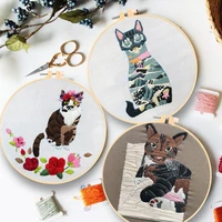 beginner children handwork embroidery kit animal theme pet cat needlework cross stitch set diy hoop thread tools material pack