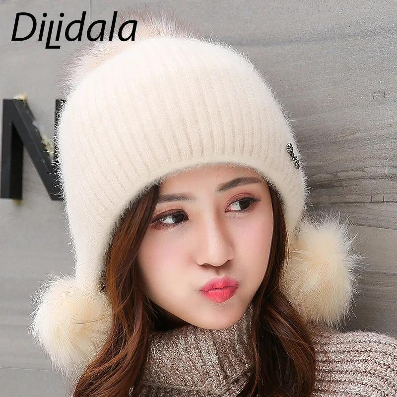 Dilidala зимние вязаные меховые шапки для женщин из шерсти шерстяные с шариками