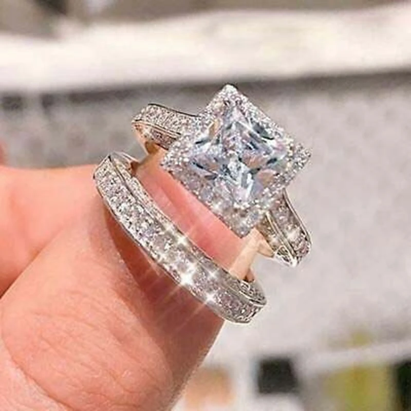 

Luxury Women Engagement Wedding Jewelry Rings 2Pcs/Set Dazzling Crystal Zirconia Elegant Female Accessories Romantic Ring