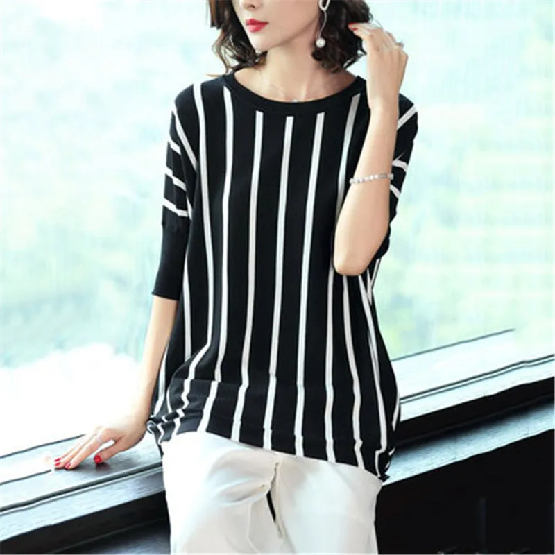 

Ice silk knitted Short-sleeved T-shirt female Summer Womens Clothing 2020 New Summer Large Size Loose Striped T Shirts Top m303