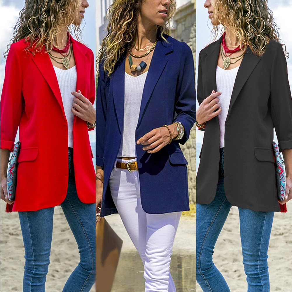 

Women Autumn Casual Spring Long Sleeve Solid Office Turn-down Collar Blazer Pocket Slim Fit Outwear