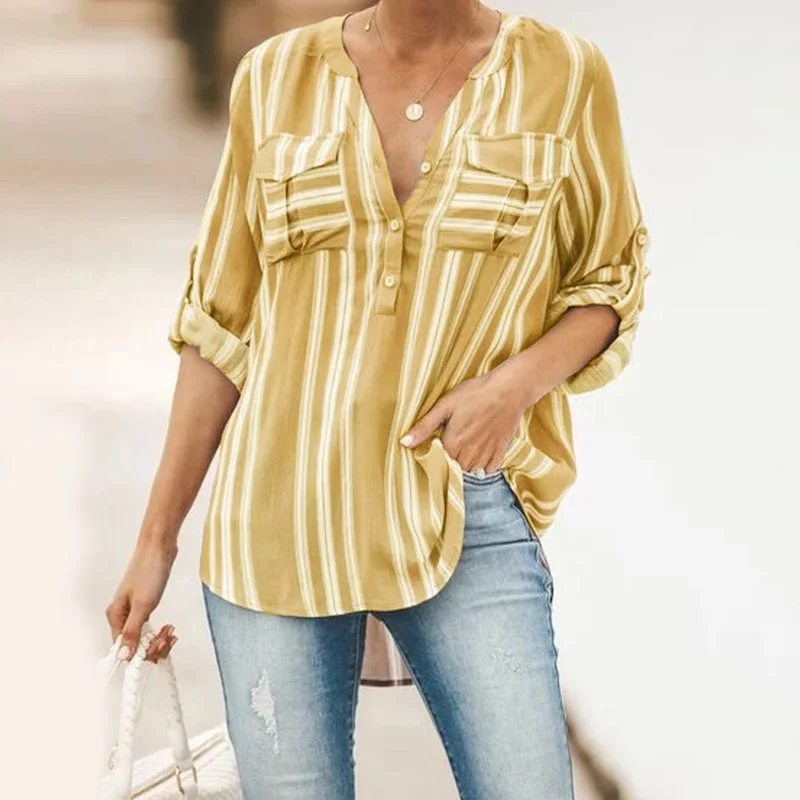 Женская блузка с v-образным вырезом и карманами Повседневная рубашка длинным