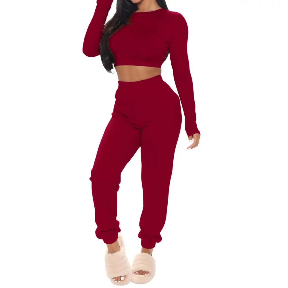 

Женский однотонный повседневный костюм из 2 предметов, спортивный пуловер с длинным рукавом для фитнеса, укороченный топ и длинные брюки, ко...