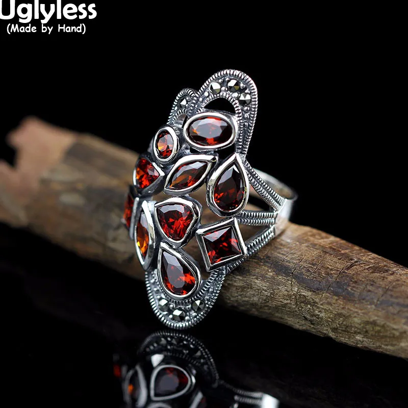 

Uglyless Personalized Irregular Garnet Dress Rings for Women Exaggerated Wide Open Fashion Rings Real 925 Silver Vintage Jewelry