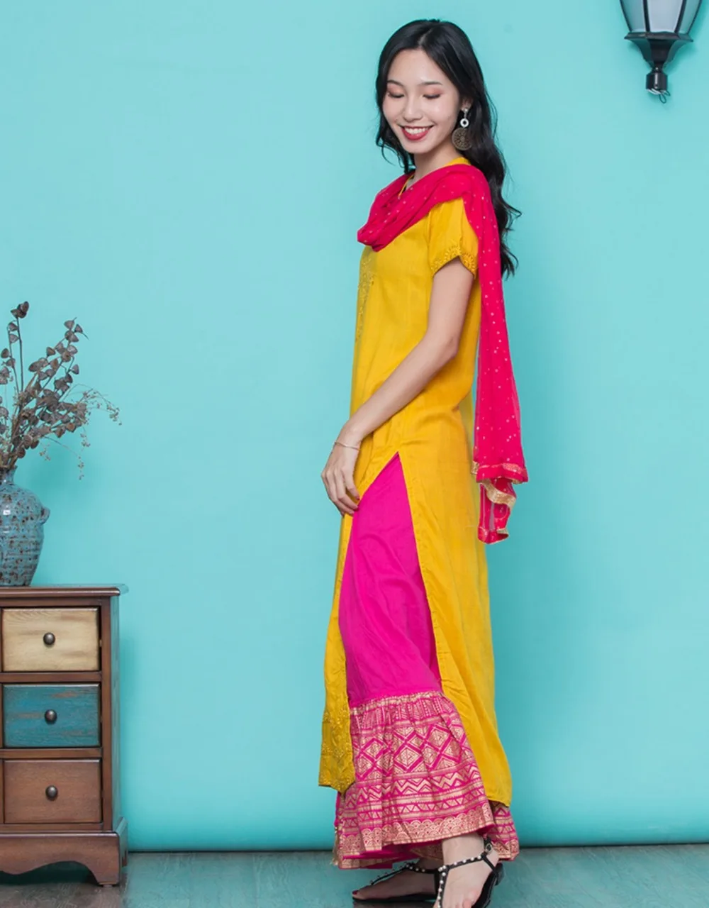 Новые женские модные комплекты в этническом стиле хлопок Индия Kurtas короткий рукав длинный желтый тонкий Топ Юбка