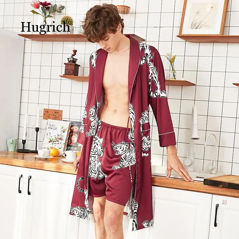 Two-Pieces Silk Nightgown Satin Male Sleepwear Loose Tiger Dress Silky Long Sleeve Robe and Long Pants Bathrobe Set for Men