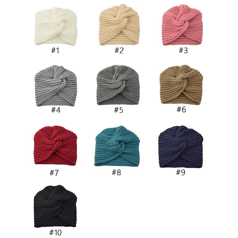 

New Muslim Solid Knitted Turban Hats Bohemia Woolen Cross Head Wrap Indian Hat Knitting Soft Caps Bonnet Turbante Cap Headscarf