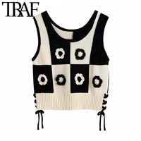 traf women fashion floral shaped crop crochet knit vest sweater vintage sleeveless side ties female waistcoat chic tops