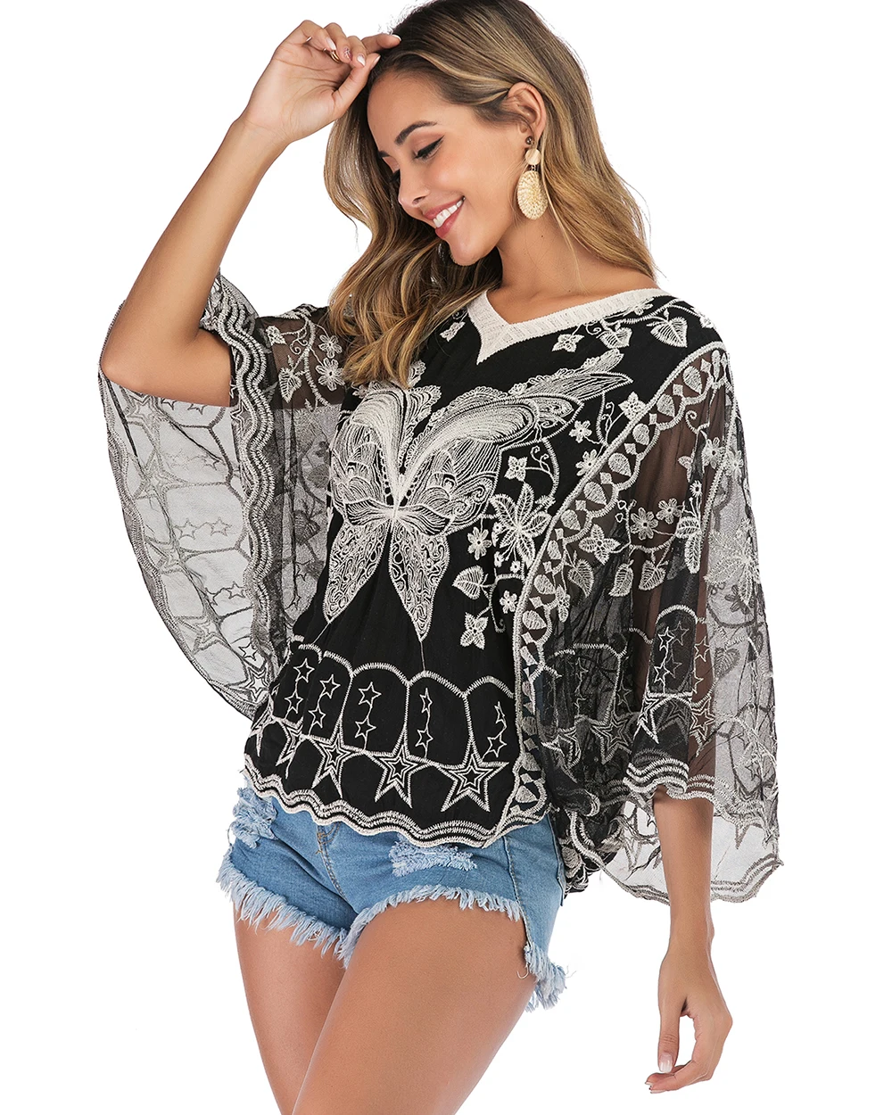 New Womens Floral V Neck Blouses Bat Wing Short Sleeve Chiffon Tops Shirts | Спорт и развлечения