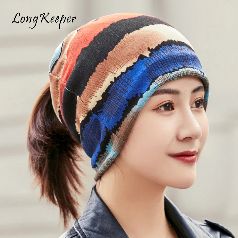 

Long Keeper 2019 New Hat Striped Female Spring Autumn Scarf Caps Headwear Skullies Beanies Hedging Cap Gorros Mujer