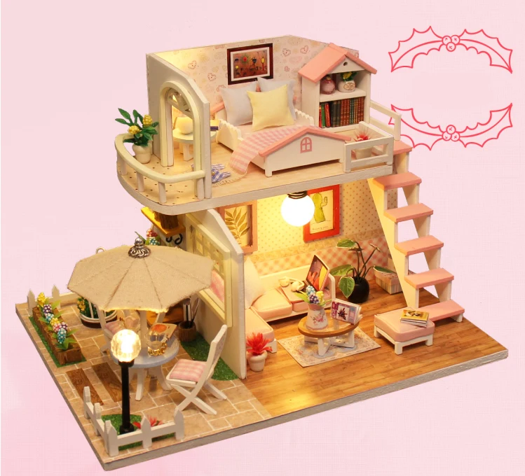 Muñeca casa miniatura DIY casa de muñecas con muebles de casa de madera juguetes para niños Regalo de Cumpleaños A066