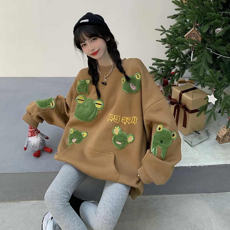 

Women Fun Sweatshirt with Scarf Frog Pattern Loose Pullovers Fashion Casual Long Sleeve Oversize Sweatshirt FEA889