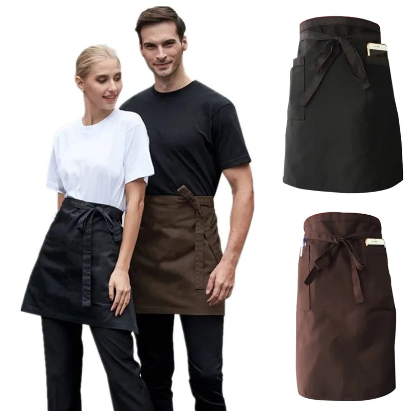 

Trendy Kitchen Cotton Bow Short Half Waist Apron Bar Pub Cafe Server Waiter Waitress pocket solid Bandage Skirts one pieces
