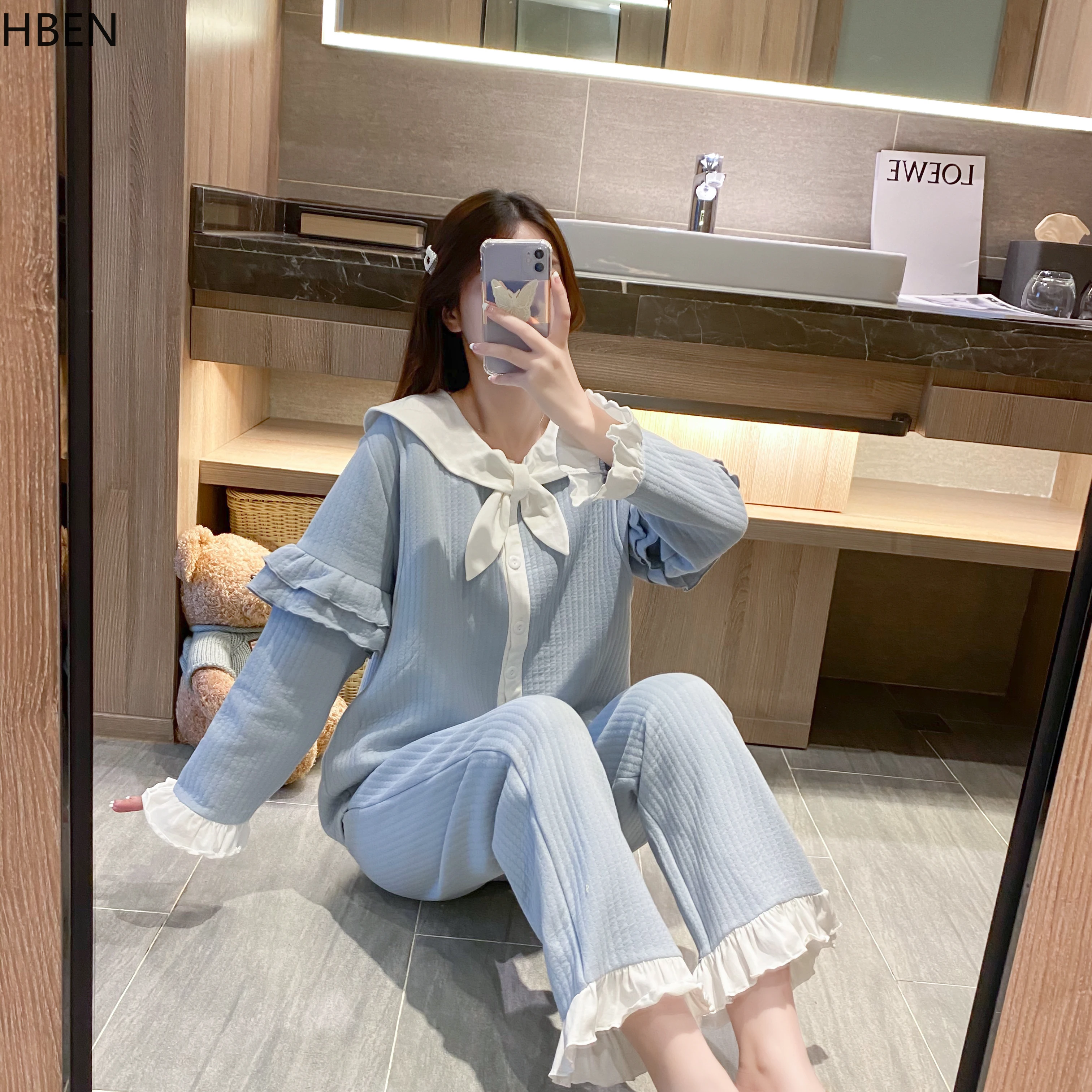 

EA 2020 Autumn Winter V-Neck Sleepwear Women Blue Pajamas Sets Cotton Long Sleeves Nursing Lounge Casual Breastfeeding Homewear