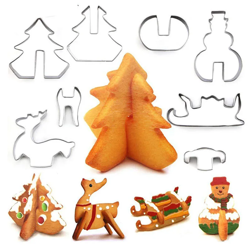 

8Pcs Mix Stainless Steel Cookie Stamp Fondant Cutter Cake Mold Set Christmas Tree Deer Snowman Shape Cookies Cutter Baking Tools