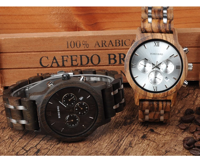 BOBO BIRD relogio masculino мужские часы, наручные часы с хронографом, военные часы, металлический деревянный браслет, роскошные часы, подарок ему, коробка, B-P19