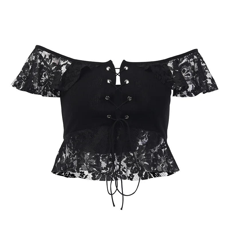 

Women Gothic T-Shirt Lace Mesh Hollow Out Hole Crop Tops Sexy Eyelet Backless Patchwork Slash Neck Streetwear Tees For Cool Girl