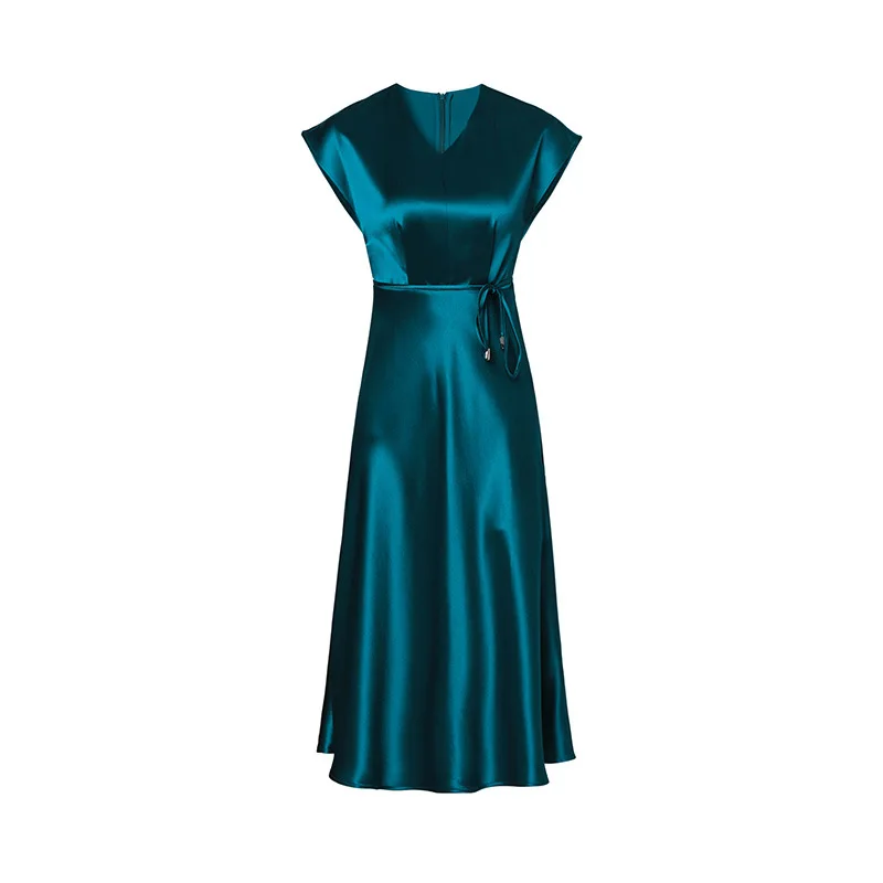 

Gezelligheid Dresses For Women 2021 Fashion Summer Elegant Slim Casual Bat Sleeve V Neck Solid Color 100% Acetate Midi Dress