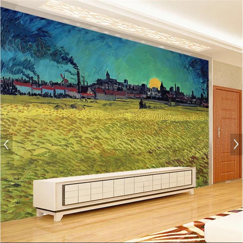 Фото обои 3d Ван Гог Картина маслом работы Золотое пшеничное поле гостиная