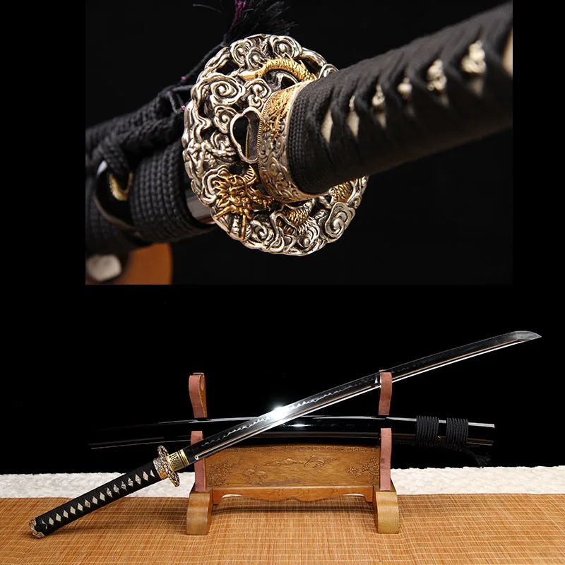 

Japanese Katanas T10 Steel Razor Sharp Real Practice Swords Handmade Carved Dragon Bronze Gilt Silver Tsuba Warrior Catana