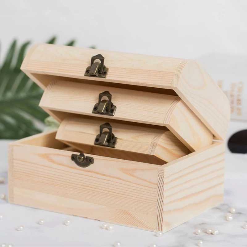 3Pcs Unfinished Wooden Chest Jewelry Storage Box Case DIY Home Decorations | Дом и сад