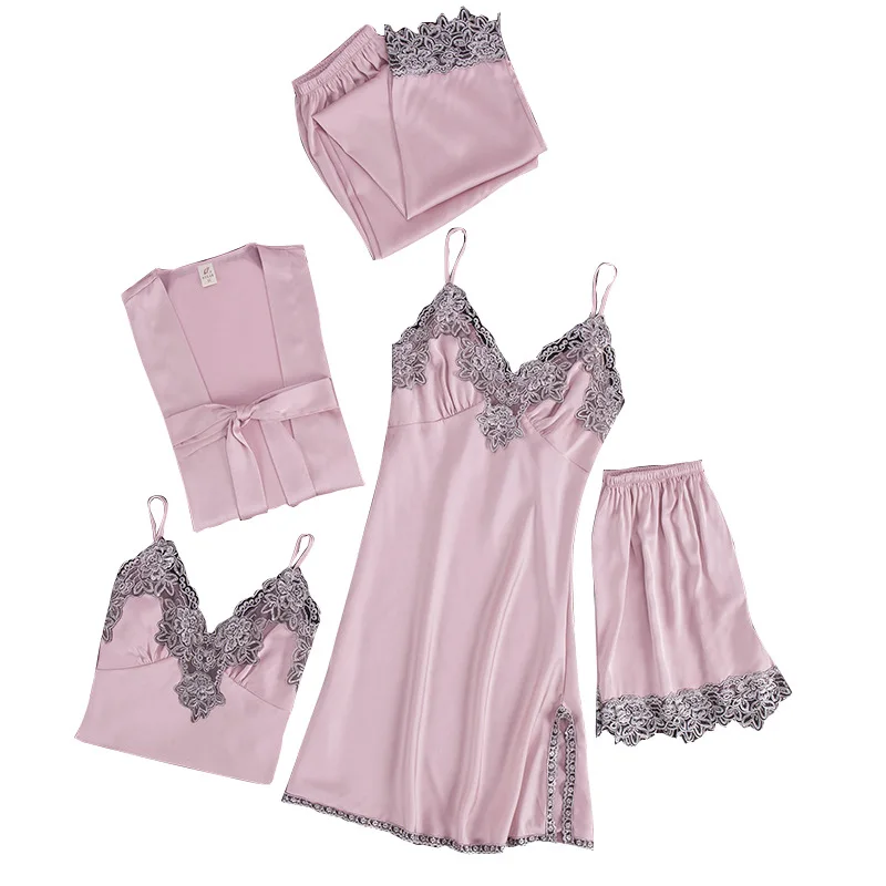 

2021 5pcs Pajamas Suit Womens Casual Satin Lace Chest Pad Cardigan+Top+Pants+Shorts+Dress Ladies Viscose Sexy Solid Night Suit